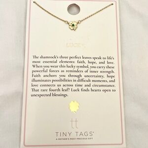 Tiny Tags Luck Shamrock Necklace Gold Tone Green Crystal Four Leaf Clover NIB‎